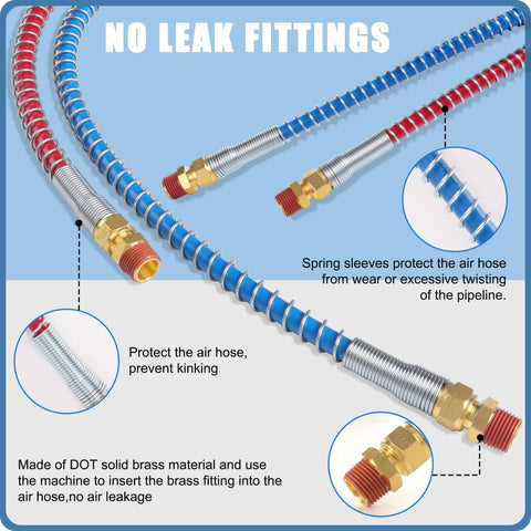 Semi Truck Air Brake Hose Coil Set With 1/2 In NPT DOT Fittings Red And Blue Leads Glad Hands Grips And Rubber Seals displayed.