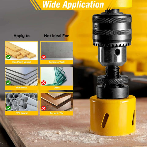 KATA Bi-Metal Hole Saw Kit, 19-piece with case and mandrels; close-up of hole saw on drill chuck