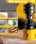 Pro Grade Bi Metal Hole Saw Kit 18 Piece M42 Steel Set wide application with a yellow hole saw cutting wood and material suitability icons
