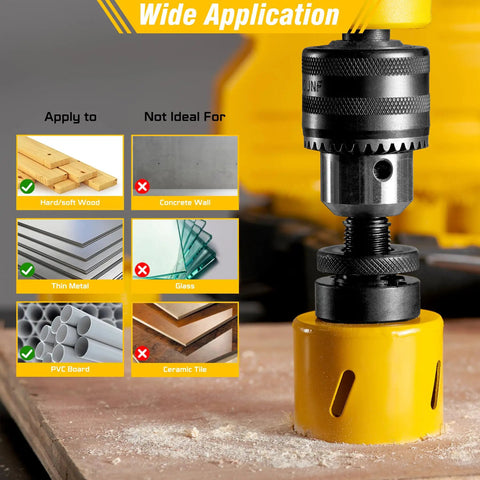 Pro Grade Bi Metal Hole Saw Kit 18 Piece M42 Steel Set wide application with a yellow hole saw cutting wood and material suitability icons