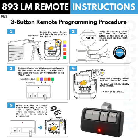 Two Pack Universal Garage Door Opener Remote Replacement With Long Range Signal Compatible With Chamberlain Craftsman LiftMaster From 1993 To Present Supports Five Learn Button Models Easy Setup Replaces 893LM 891LM 971LM 973LM procedure steps