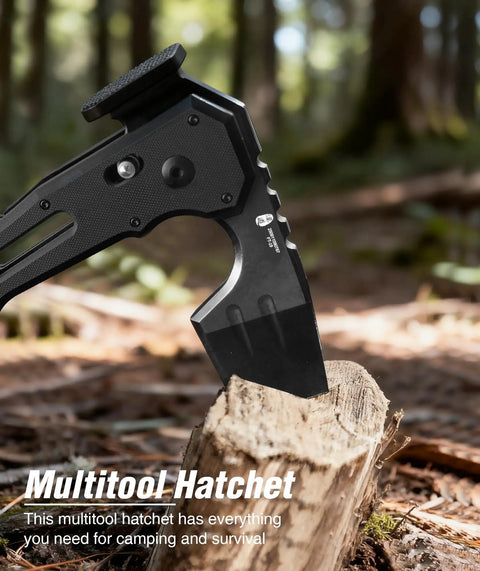 Close-up of Folding Hatchet Axe With Hammer And Bottle Opener For Camping And Survival Durable DC53 Steel Blade chopping wood