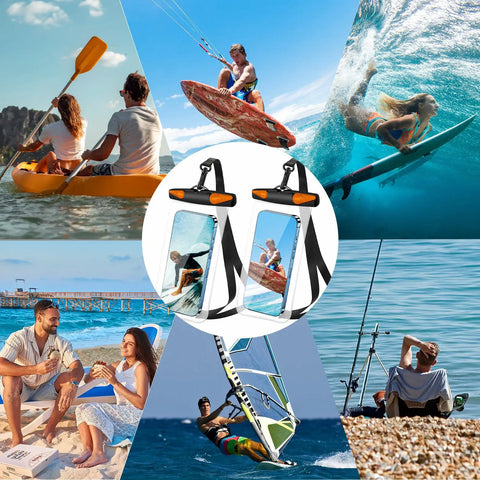 Collage of activities with Waterproof Phone Pouch With Lanyard For iPhone And Android IPX8 Phone Case Dry Bag 30M Beach Boat Kayak