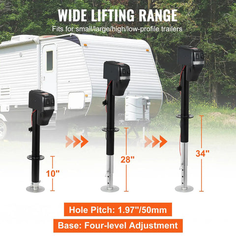 Electric Trailer Jack With 4000 Lbs Capacity And 9.84 To 33.85 Inch Adjustable Lift Waterproof Cover shown at various heights