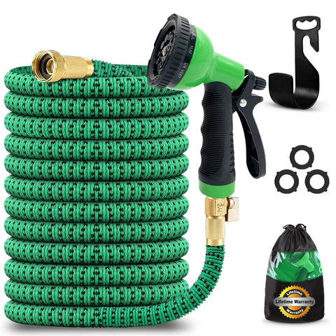 J&B XpandaHose 75ft expandable garden hose kit, green with brass 3/4in connectors, 10-pattern nozzle, storage bag