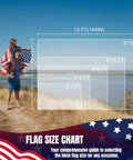 Flag size chart with couple holding Ultra Durable 3x5 Outdoor US Flag Made From Nylon With Embroidered Stars at the beach