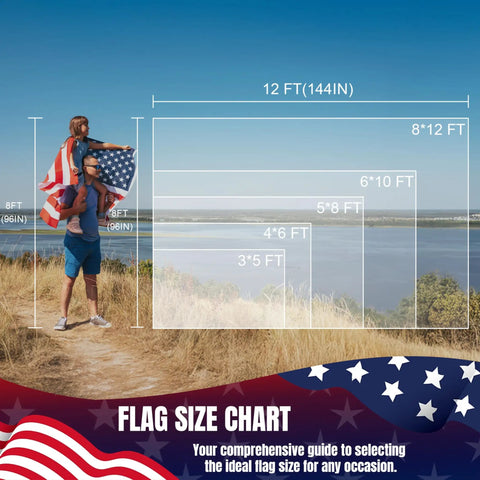 Flag size chart with couple holding Ultra Durable 3x5 Outdoor US Flag Made From Nylon With Embroidered Stars at the beach