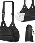 Adjustable Memory Foam Airplane Foot Hammock Rest For Long Flights Under Seat Leg Support with black straps and storage bag.