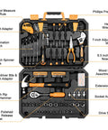 128 Piece General Household Tool Set with auto repair tools in a plastic toolbox storage case, chrome finish hand tools displayed