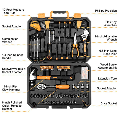 128 Piece General Household Tool Set with auto repair tools in a plastic toolbox storage case, chrome finish hand tools displayed