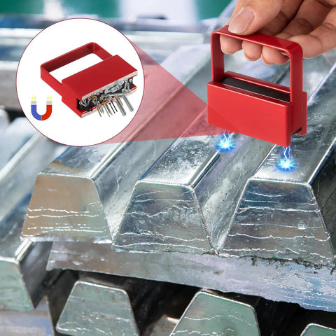 Two Pack Magnetic Handle Grabber With 50 Lb Pull Red Finish Magnetic Pickup Tool lifting metal pieces in workshop.