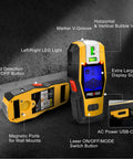 2-In-1 Stud Finder With Laser Level, Rechargeable Cross Line Laser And Wall Scanner showing display screen and buttons.