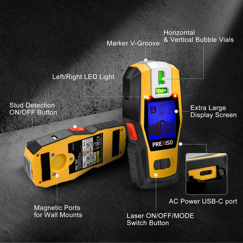 2-In-1 Stud Finder With Laser Level, Rechargeable Cross Line Laser And Wall Scanner showing display screen and buttons.
