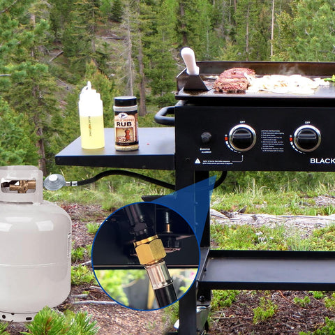 Six Feet Low Pressure Propane Regulator With CSA Certified LPG Hose For LP Gas Grills Heaters And Fire Pits Type1 QCC1 Compatible Outdoor Cooking Camping Tailgating connected to a grill in forest setting