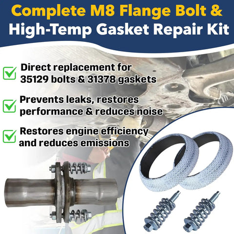 Hella Tough Exhaust Flange Bolt And Gasket Repair Kit With M8 Spring Bolts Heavy Duty Nuts Strong Coils and Lock Tight Seal Gaskets.