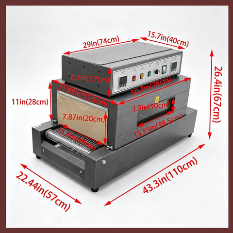 Heavy Duty 220V Heat Shrink Tunnel Machine With Continuous Net Conveyor For POF PVC Film Packaging with dimension labels.