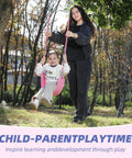 Girl on pink swing seat with heavy duty chains, plastisol coated copolymer plastic for playground swing set accessories.