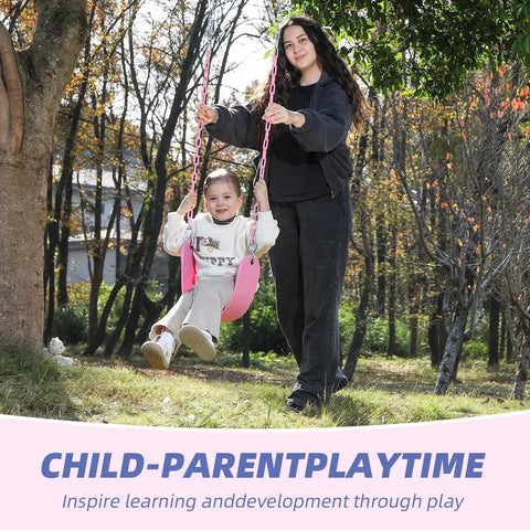 Girl on pink swing seat with heavy duty chains, plastisol coated copolymer plastic for playground swing set accessories.