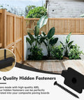 Straight Up Durable Black Nylon Hidden Deck Fasteners Plus T Clips With Heavy Duty Metal Screws For Effortless Composite Board Setup No Fuss Universal Decking Connector Kit 50 Piece on patio with plants.