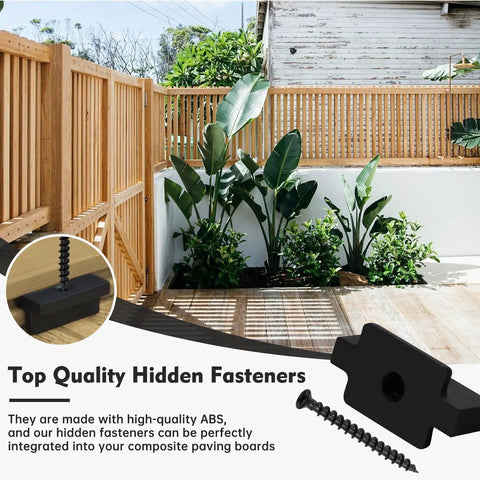 Straight Up Durable Black Nylon Hidden Deck Fasteners Plus T Clips With Heavy Duty Metal Screws For Effortless Composite Board Setup No Fuss Universal Decking Connector Kit 50 Piece on patio with plants.