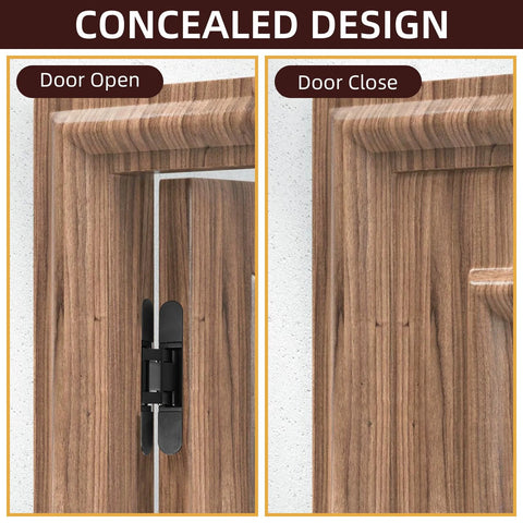 Six Inch Hidden Door Hinges Invisible Hinges Two Pack Heavy Duty Zinc Alloy Three Way Adjustable Butt Hinge 180 Degree Swing Black mounted in wooden door frame.