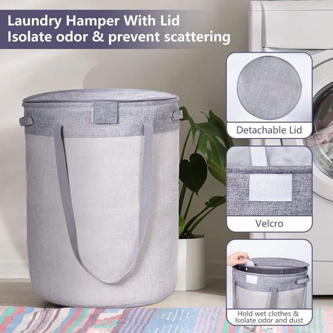 70L Round Collapsible Laundry Hamper With Lid And Easy Carry Handles Freestanding Laundry Basket With Waterproof Lining