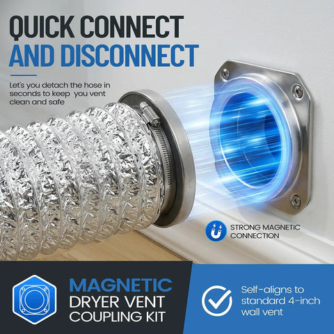 Magnetic Dryer Vent Connector Kit With Airtight Seal, Quick Magnetic Connection, showing 4-inch duct hose and magnetic seal.
