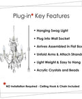 Plug In Crystal Swag Chandelier With Three Lights, White Metal Frame, Clear Glass Stem And Acrylic Crystals, product details