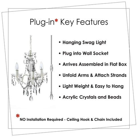 Plug In Crystal Swag Chandelier With Three Lights, White Metal Frame, Clear Glass Stem And Acrylic Crystals, product details