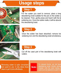 Three Size Copper Desoldering Wick Kit For No Clean Solder Removal 0.08 In 0.10 In 0.12 In Solder Wick Braid 10 Ft Each Pro Grade Tool For PCB Repair And Electronics Projects with usage steps and tools on circuit board.