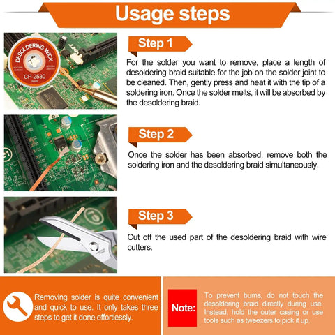 Three Size Copper Desoldering Wick Kit For No Clean Solder Removal 0.08 In 0.10 In 0.12 In Solder Wick Braid 10 Ft Each Pro Grade Tool For PCB Repair And Electronics Projects with usage steps and tools on circuit board.