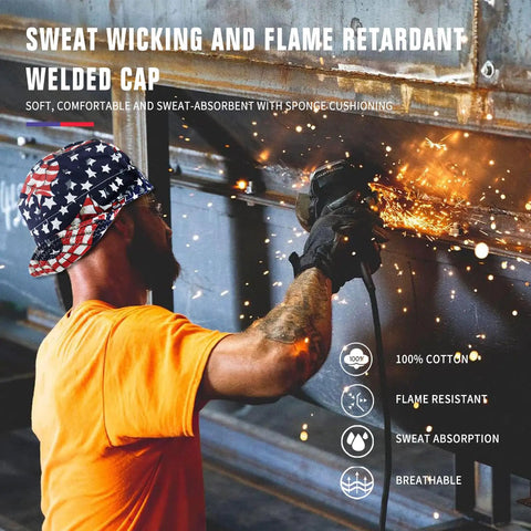Worker wearing Three Pack 100 Percent Cotton Welding Cap For Men With Mesh Liner Sweat Wicking Breathable And Flame Resistant Welders Cap