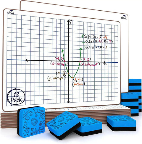 Dry Erase XY Axis Graph Lap Boards 9 By 12 Inches For Student And Classroom Use Double Sided Whiteboards Great For Math Practice Spelling And Penmanship Erasers Included Pack Of 12 Lightweight Durable showing board with graph and erasers.