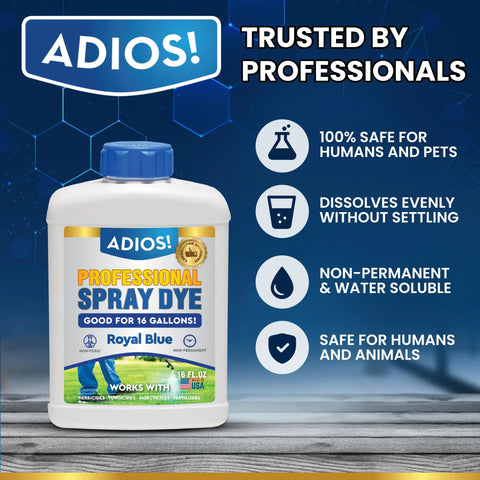 Front view of Adios Professional Spray Dye bottle, 8 oz, royal blue lawn indicator dye.