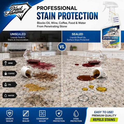 Image comparing unsealed and sealed granite countertop using Hassle Free Spray Sealant That Locks Down Granite And Marble Countertops Against Daily Messes While Delivering Contractor Grade Stain Defense That Keeps Stone Surfaces Looking Fresh And Completely Water Repellent Year Round.