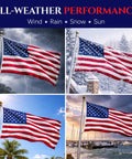 Collage of 3x5 Outdoor American Flag With Embroidered Stars And Sewn Stripes in various weather, showcasing durability in wind and snow.