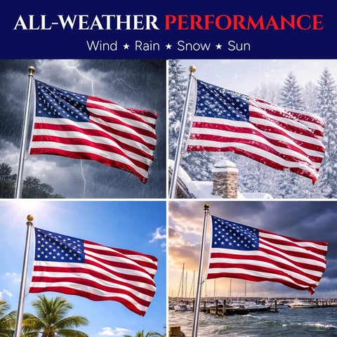 Collage of 3x5 Outdoor American Flag With Embroidered Stars And Sewn Stripes in various weather, showcasing durability in wind and snow.