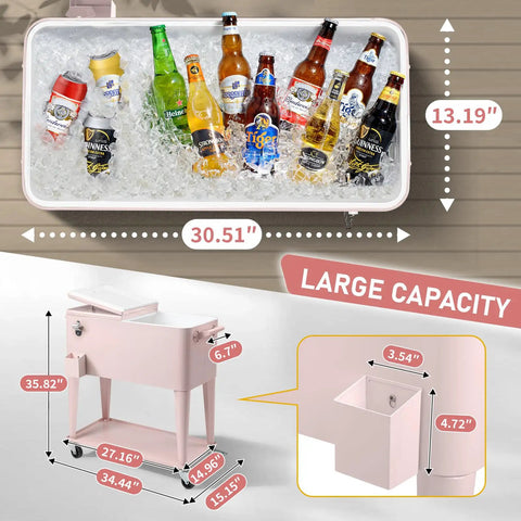 80 Quart Rolling Patio Cooler Cart Ice Chest For Outdoor Parties And Beach Days, Bright Pink Portable Beverage Cooler With Wheels