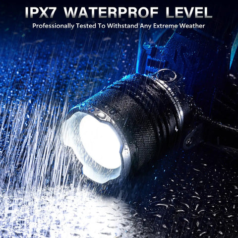 Crazy Bright Rechargeable LED Headlamp 99,000 Lumens With 95 Hour Run Time in rain, showcasing IPX7 waterproof feature.