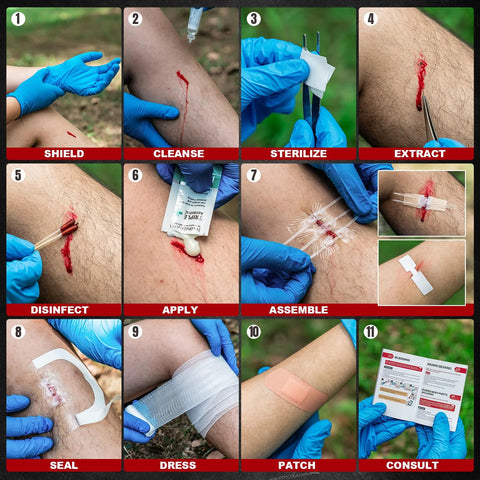 RHINO RESCUE Wound Closure Kit by Amazon; 11-step first aid collage with bandages, ointment, and dressings.