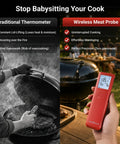 Smart Bluetooth Wireless Meat Thermometer With Standalone Display Base No App Required shown near BBQ grill