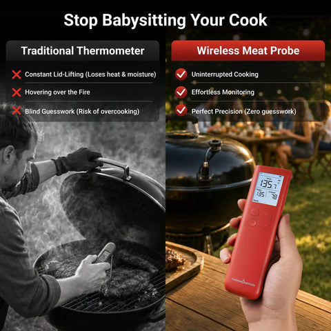 Smart Bluetooth Wireless Meat Thermometer With Standalone Display Base No App Required shown near BBQ grill