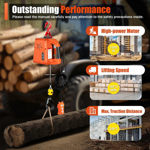 Cool 110V 1500W Portable Electric Hoist Winch with a 1500W motor lifting a log, showcasing its features for garage use.