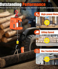 Heavy Duty 1100Lb Electric Hoist Winch featuring portable 1500W motor, lifting wood log with 16 FPM speed up to 25 feet.