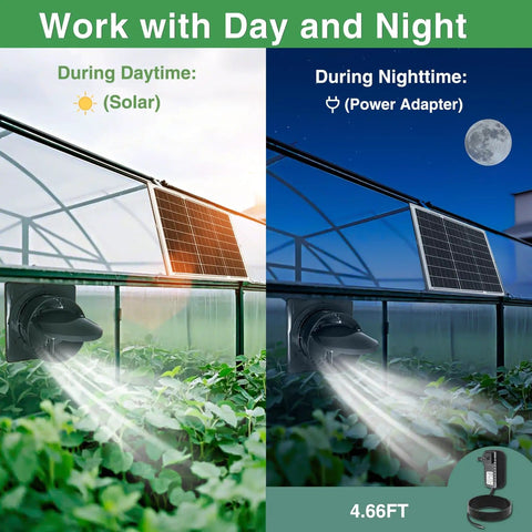 High Speed Solar Powered Exhaust Fan With 8-Inch Vent For Sheds, Chicken Coops, Greenhouses And Dog Houses, 25W Solar Panel, Power Adapter, Anti Backflow Valve, Easy Mount Bracket, Keeps Your Space Cool And Fresh, No Sweat displayed in daytime and nighttime modes with solar and power adapter usage.