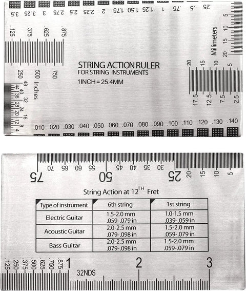 String action gauge from 4 Piece Guitar Luthier Tools Set With Notched Straight Edge, String Action Gauge, Fret Rocker, And Fret Leveling Beam.