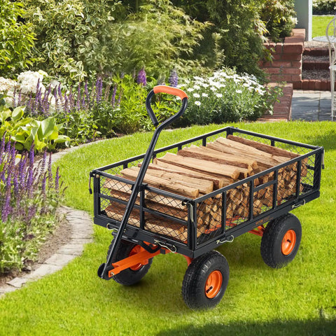 Heavy Duty Steel Garden Dump Cart That Hauls Big Loads With Eight Hundred Eighty Pound Capacity in a yard with wood logs loaded