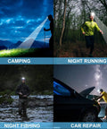 Image of USB Rechargeable LED Headlamp With 90,000 Lumen XHP70 LED being used for camping, running, fishing, and car repair at night.