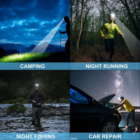 Image of USB Rechargeable LED Headlamp With 90,000 Lumen XHP70 LED being used for camping, running, fishing, and car repair at night.