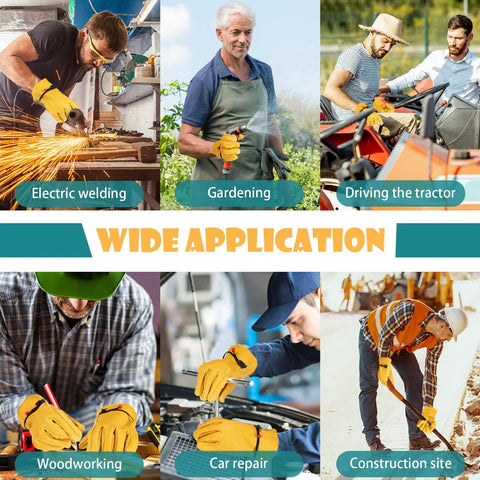 Six Pairs Tough As Nails Large Cowhide Leather Work Gloves With Reinforced Palm And Stretchable Wrist used in various tasks